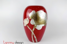 Red ceramic vase with cupped mouth hand-painted with lotus /Size S 16*H24cm
